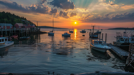 Bar Harbor Dock , Sunset, Maine, USA.