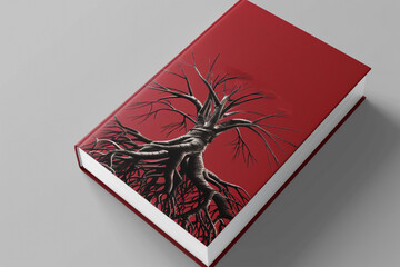 Red-themed book mockup featuring roots with 'Book Mock Up' text on cover,