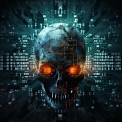 Futuristic digital skull with glowing eyes, representing cyber security threats and artificial intelligence. Perfect for tech and cyberpunk themes.