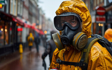 Naklejka premium Man in yellow protective suit and gas mask