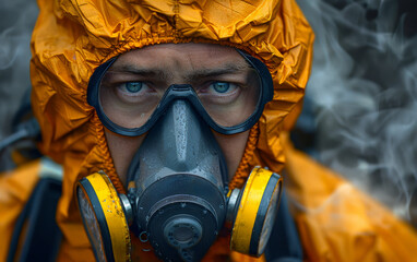 Man in hazmat suit. Man in yellow protective suit and gas mask