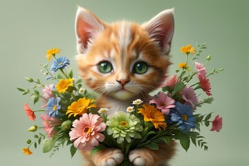 Cute kitten with a large bouquet of flowers