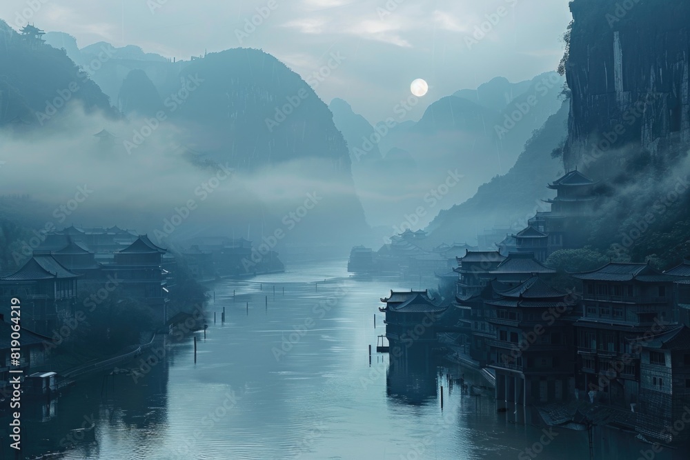 Poster a scenic view of a river running through a lush green valley. ideal for nature and travel concepts