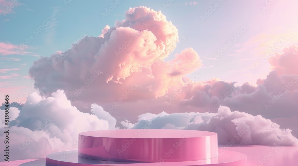 Poster a pink platform suspended in a sky filled with clouds. ideal for dreamy and surreal concepts