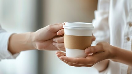 Assistant handing a cup of coffee to a busy professional, emphasizing service and convenience Perfect for lifestyle, business, and food themes Isolated with ample copy space