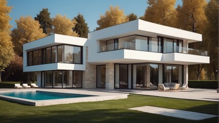 Architecture modern villa with large green yard in sunny weather, 3D building design illustration
