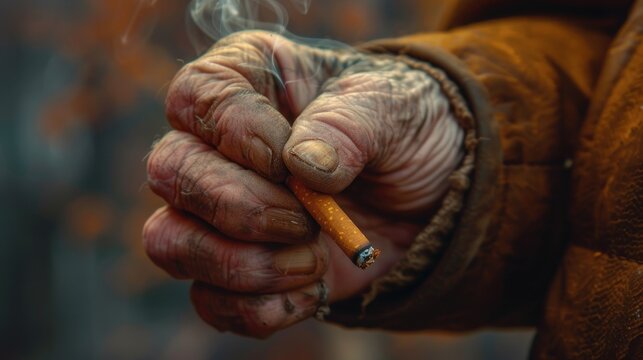 old cigarret in old man hand, Generative AI