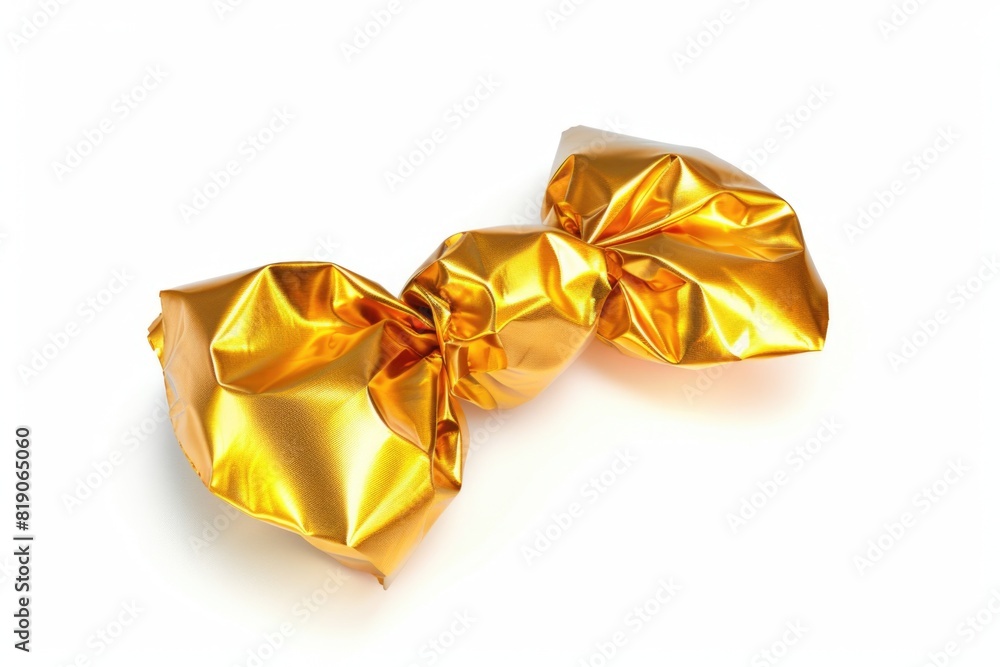 Poster a shiny gold bow displayed on a clean white background. ideal for gift wrapping and festive occasion
