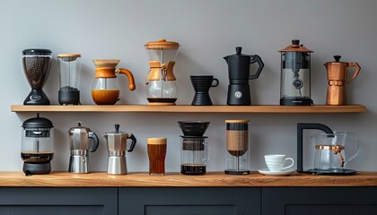 Compare different coffee brewing methods with a display of various equipment like French press