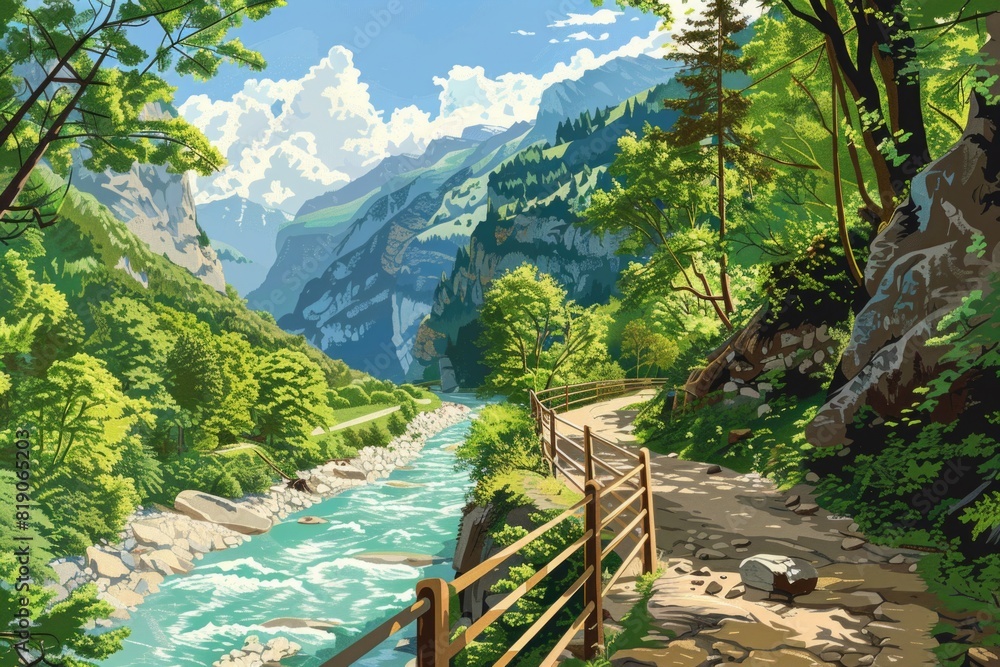 Poster Scenic view of a river running through a lush forest. Ideal for nature and landscape projects