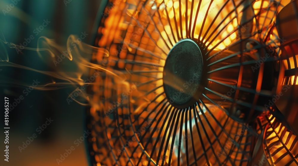 Poster a close up of a fan with smoke coming out of it. suitable for illustrating overheating electronics