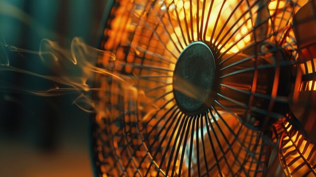 A close up of a fan with smoke coming out of it. Suitable for illustrating overheating electronics
