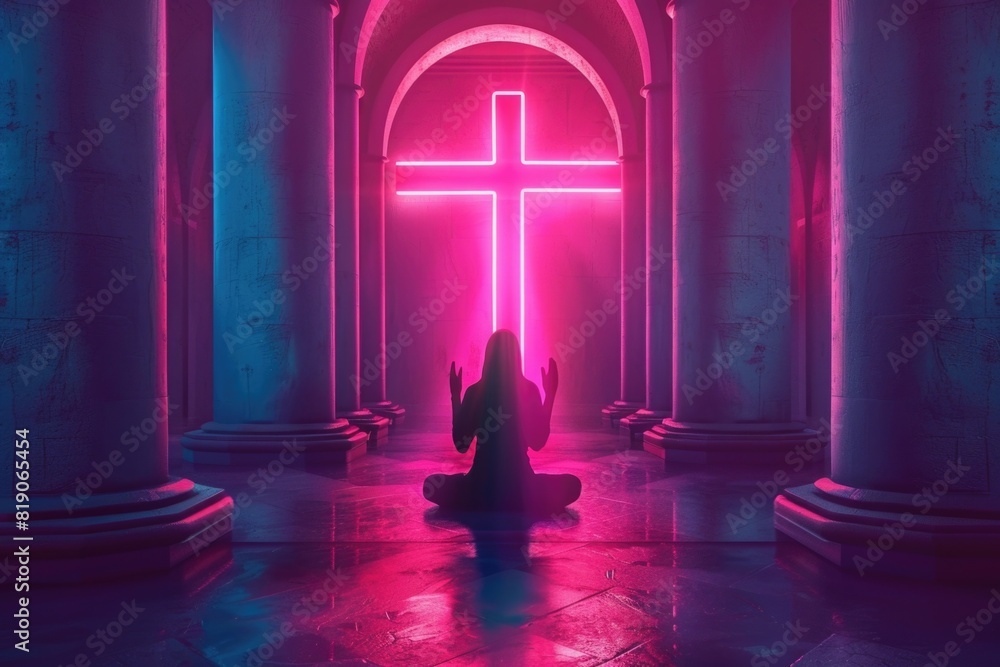 Poster a person sitting on the ground in front of a cross. suitable for religious and spiritual concepts