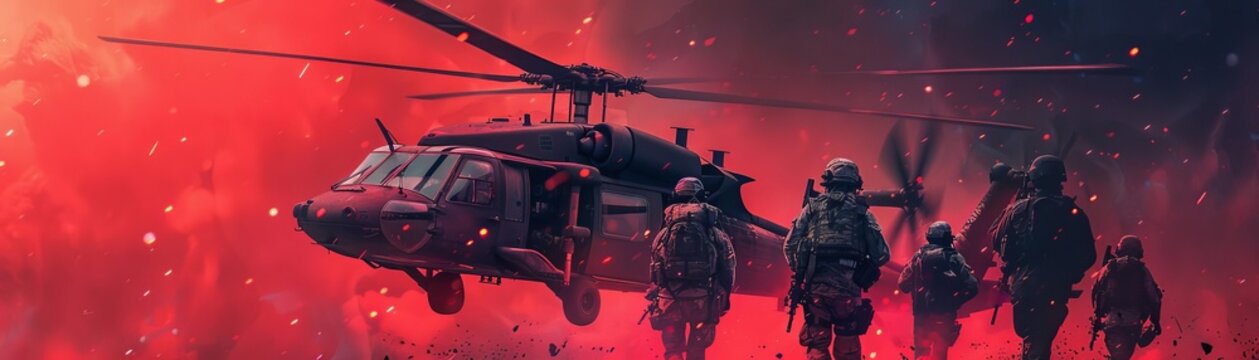 game cover with squad of soldiers on black hawk helicopter red tones cinematic lighting