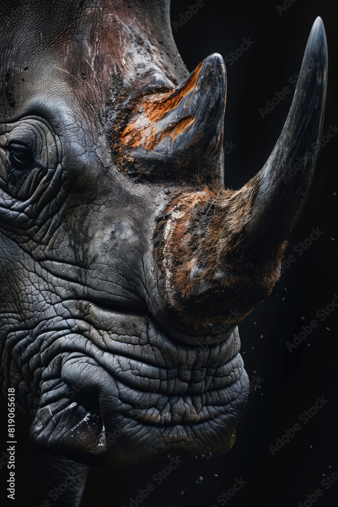 Poster a close-up of a rhino in the dark. suitable for wildlife concepts