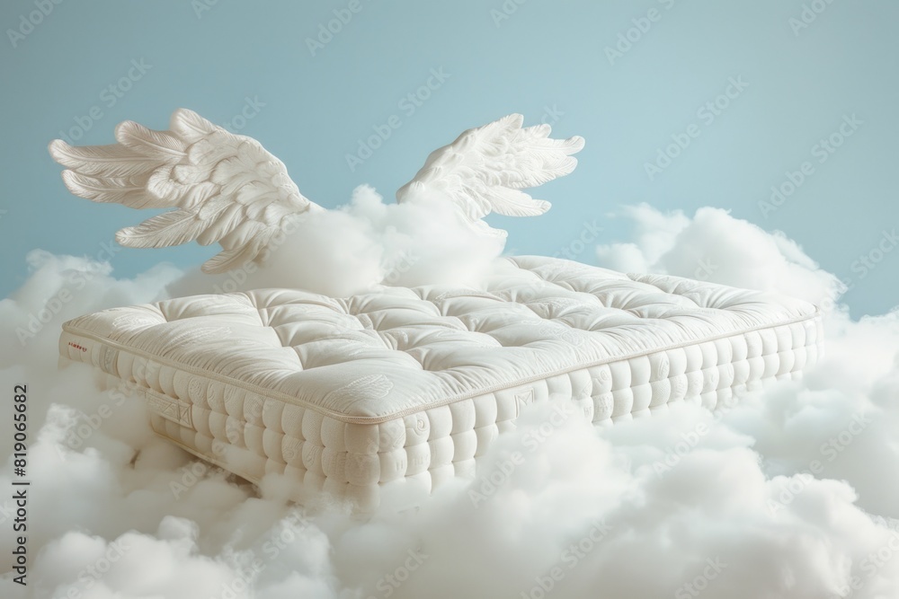 Poster a unique concept of a mattress with angel wings floating in the clouds. ideal for dreamy and imagina