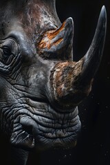 Fototapeta premium A close-up of a rhino in the dark. Suitable for wildlife concepts