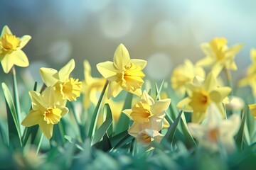 Bright yellow flowers blooming in lush green grass, perfect for springtime themes