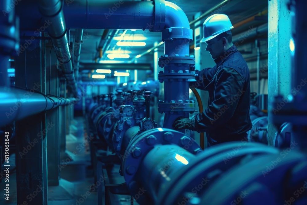 Poster a man in a hard hat working on a pipe. ideal for construction industry concepts
