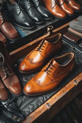 A display of men's shoes in a shoe store. Ideal for fashion and retail concepts