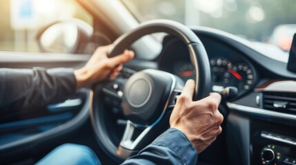 Driving, man's hand holding the steering wheel. Male driver hands holding steering wheel.
