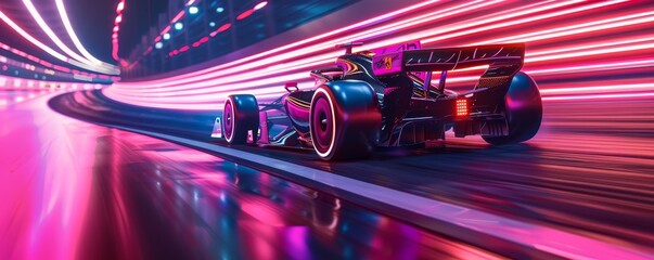 Naklejka premium A futuristic race car with a retro-styled cockpit zooms around a neon-lit racetrack, leaving a glowing trail behind it