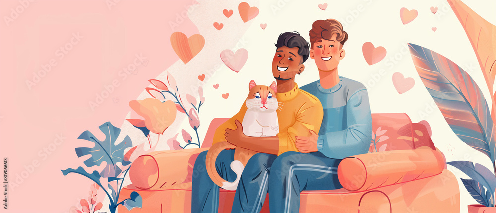 Wall mural a happy gay couple with cat illustration non-traditional family pride month love diversity lgbt warm