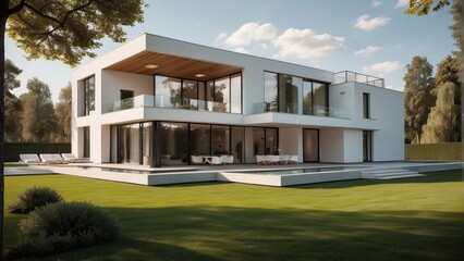 Fototapeta na wymiar Architecture modern villa with large green yard in sunny weather, 3D building design illustration
