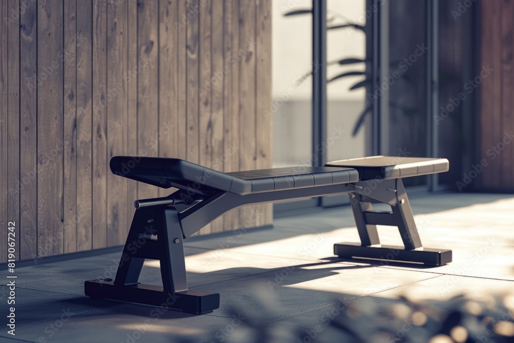 Poster a bench sitting on top of a tiled floor, suitable for interior design concepts