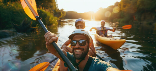 a happy man with friends kayaking on the river, selfie photo, beautiful nature background