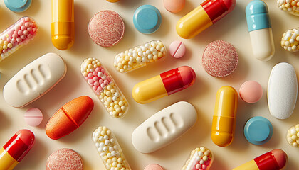 Different types of pills are scattered on beige background.