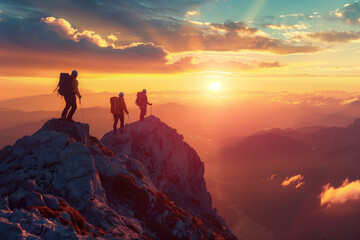 Group of Mountaineers Reaching the Summit During a Stunning Sunrise
