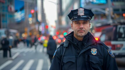 A police officer stands watch on a bustling city street, as the vibrant lights of the city cast a vivid glow on the scene.