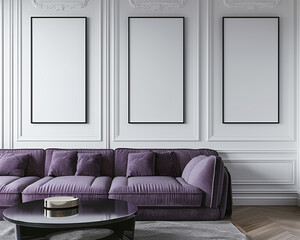 Contemporary room with two blank frames on a pearl white wall, plush purple sofa, and a low-profile black table.