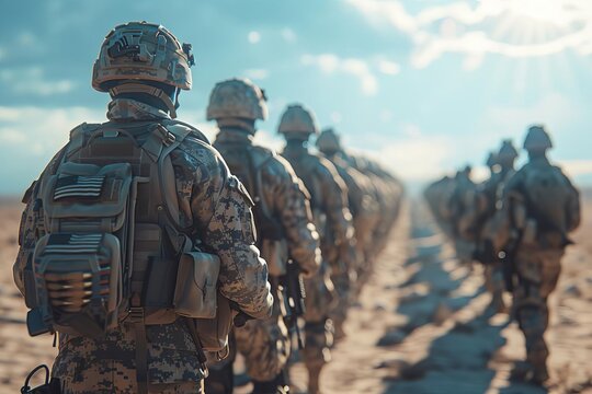 line of US army infantrymen in the desert looking towards the camera, cgi