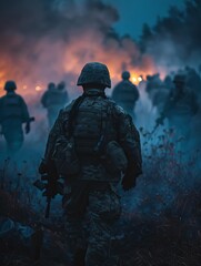 Fototapeta premium A soldier walks through a smoky battlefield.