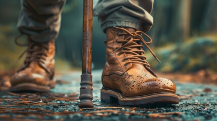 A person in boots uses a cane for balance while walking on a path.