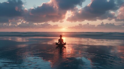 A person meditating in a lotus position on a sandy beach. Suitable for wellness and relaxation concepts