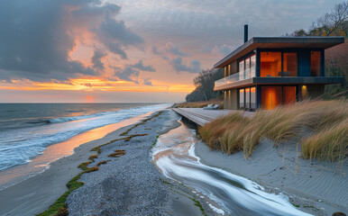 Modern house on the beach at sunset.