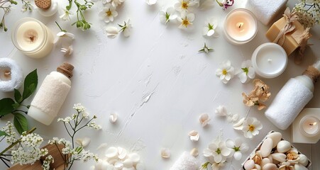 White Beauty Products With Daisies on a White Background