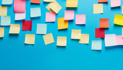 A wall covered in colorful sticky notes with a blue background