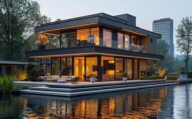 Obraz premium Modern house by the river at night. Large house with modern landscaping