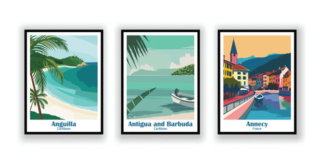 Anguilla, Caribbean, Annecy, France, Antigua and Barbuda, Caribbean - Vintage Travel Posters. Vector illustration. High Quality Prints