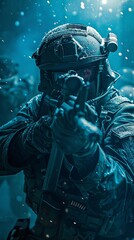 Naklejka premium A soldier in full tactical gear is taking cover behind a wall