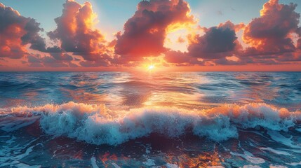 Beautiful ocean sunset with dramatic clouds and crashing waves, serene seascape.