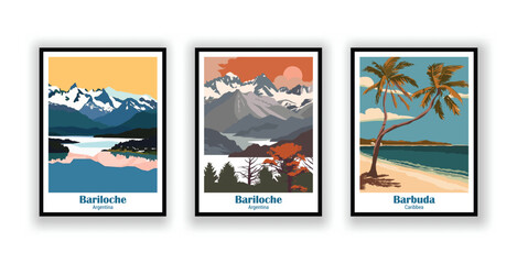 Fototapeta premium Barbuda, Caribbean, Bariloche, Argentina, Bariloche, Argentina - Vintage Travel Posters. Vector illustration. High Quality Prints