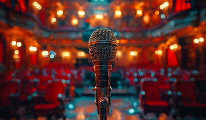 Microphone on stage in concert hall or theater waiting for voice