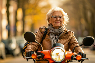 Older woman riding motorcycle city street scarf