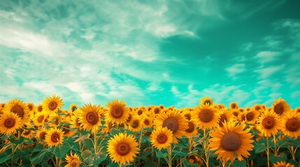 Obraz premium Bright Yellow Sunflower Field with a Turquoise Sky, Summer Vibrance