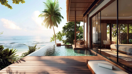 Fototapeta premium A small infinity pool outside a bedroom at a tropical resort.